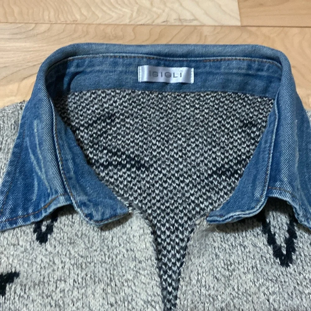 Igigli Star Patterned Cardigan with Denim Collar - Picture 11 of 17